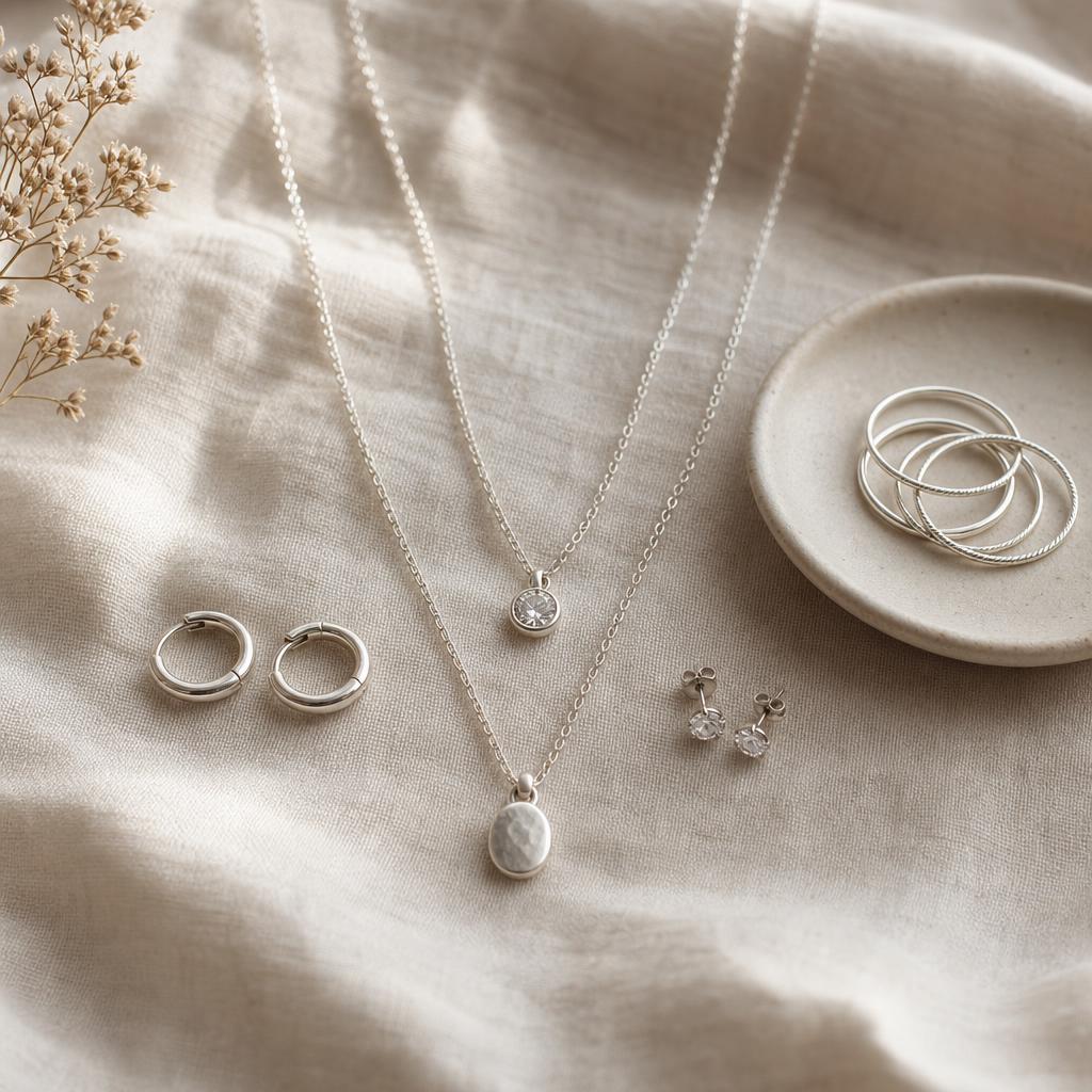 Layered silver chains, huggie hoops and stacking rings on cream linen