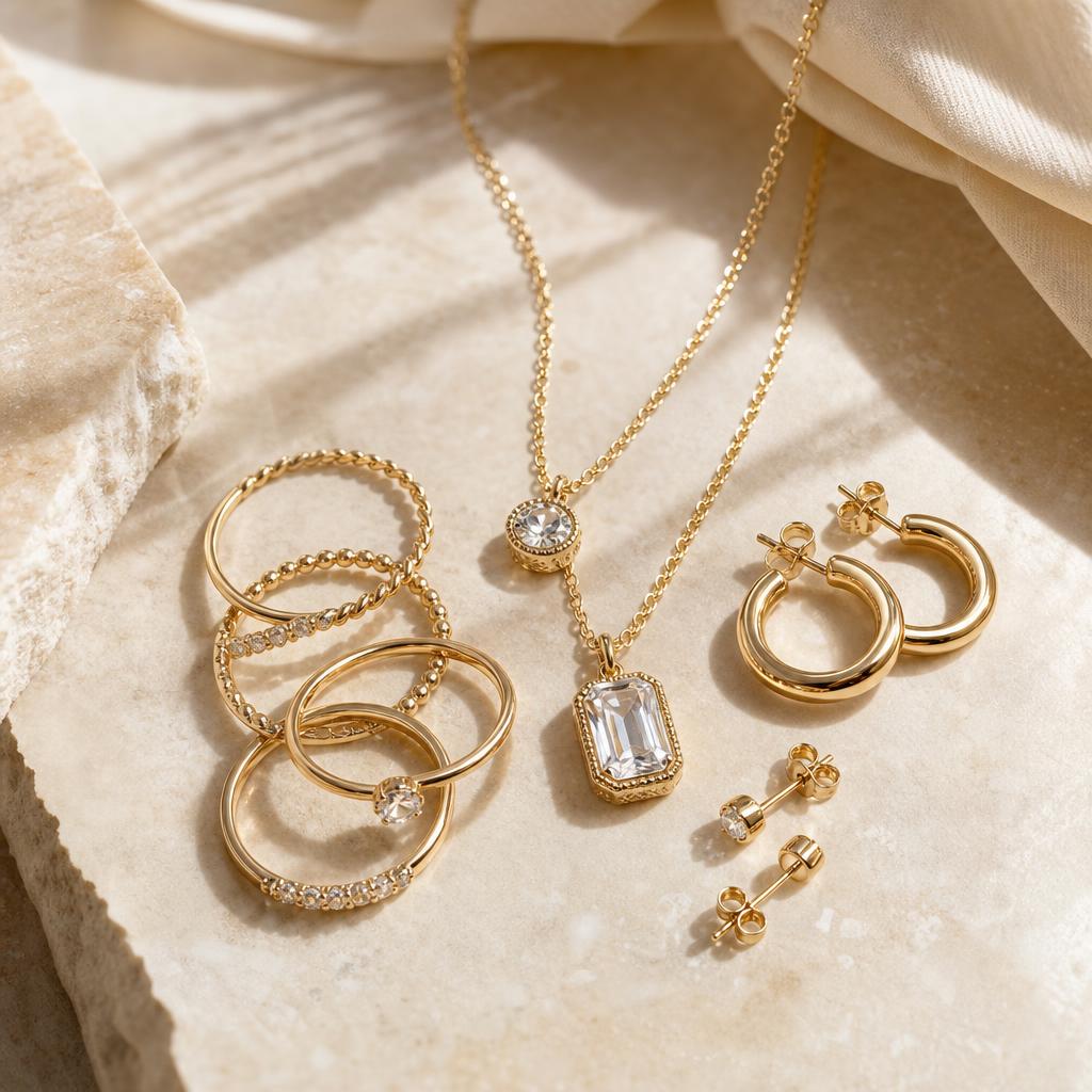 Assorted stacking rings, layered pendant necklaces, and hoop and stud earrings arranged together