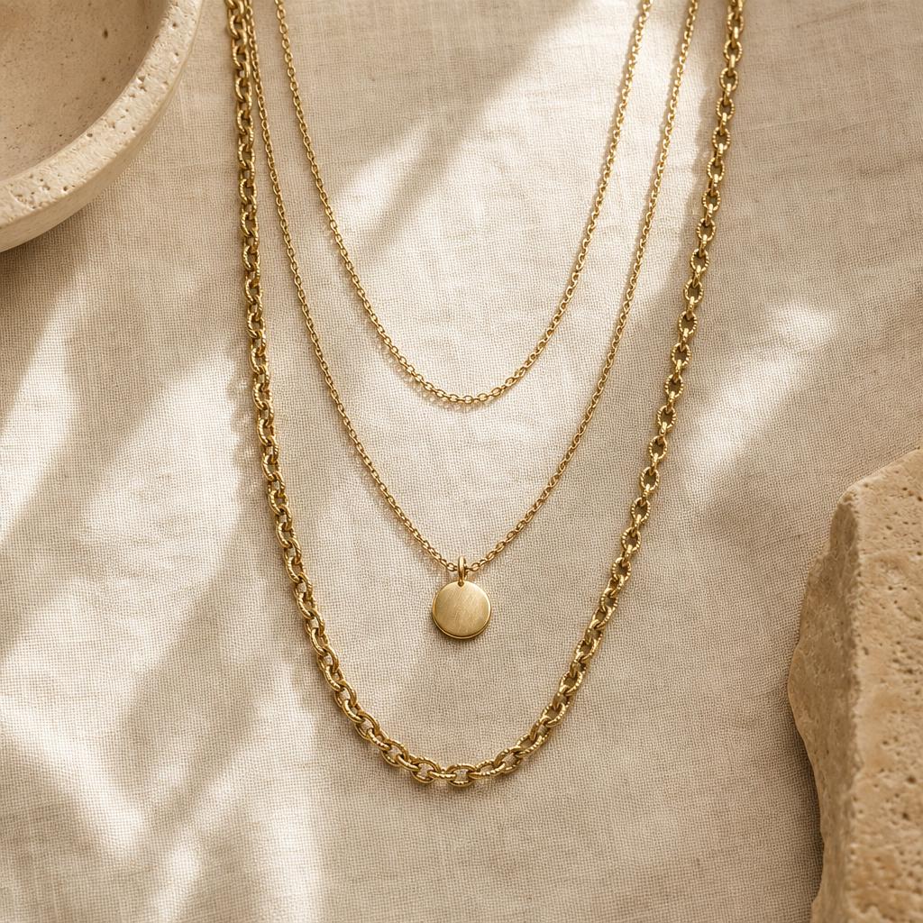 Three layered necklace chains of varying lengths arranged on linen