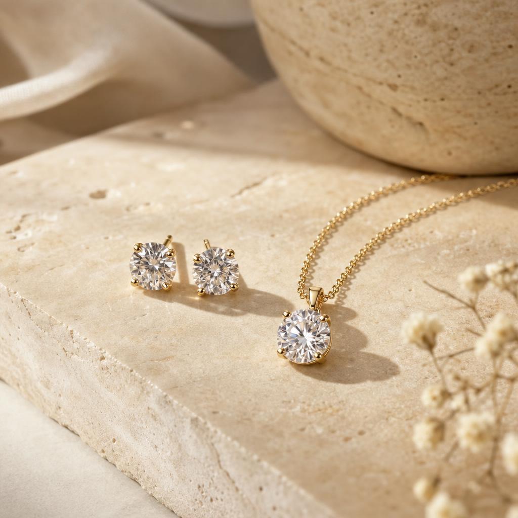 Round stud earrings beside a fine pendant necklace on cream stone