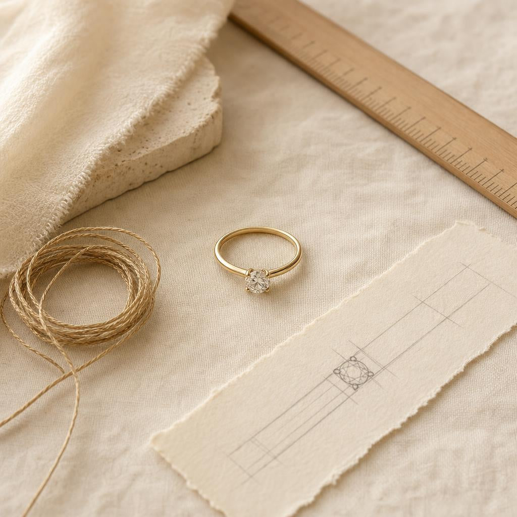 A solitaire ring beside a paper measuring strip and gold twine on cream linen