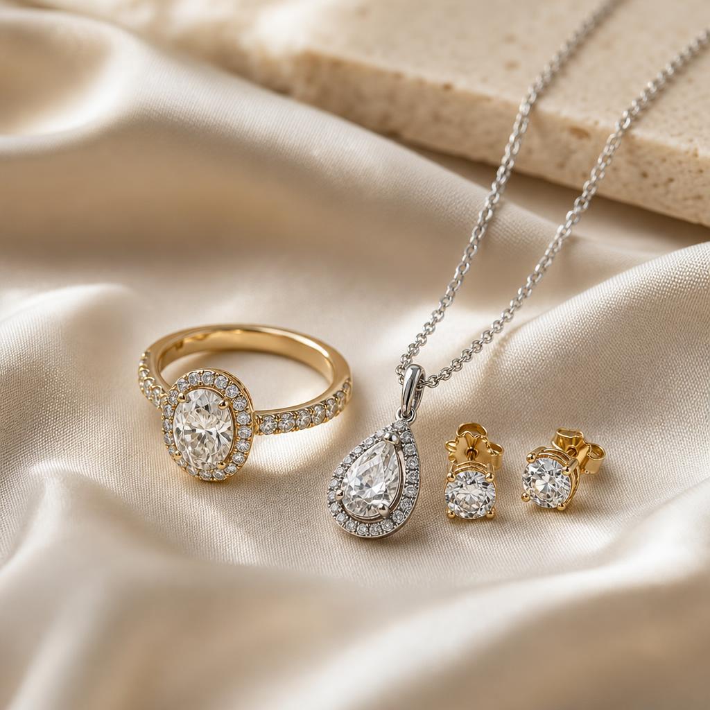 Gold and silver rings, necklace, and earrings arranged together on cream silk