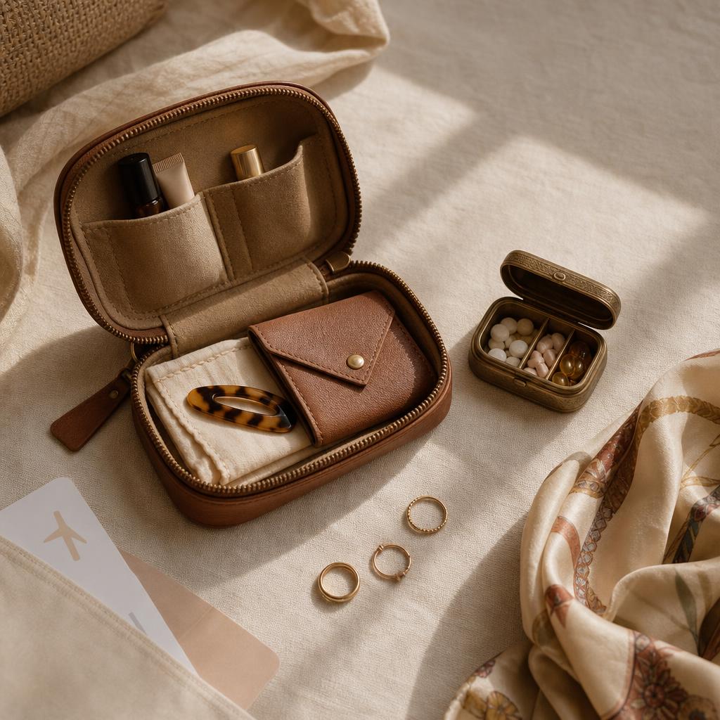 Rings and a small travel pouch arranged on warm linen fabric