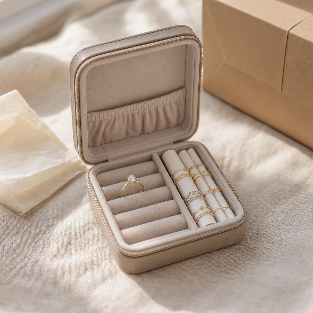 Open travel jewelry case with a solitaire ring and chains on cream linen