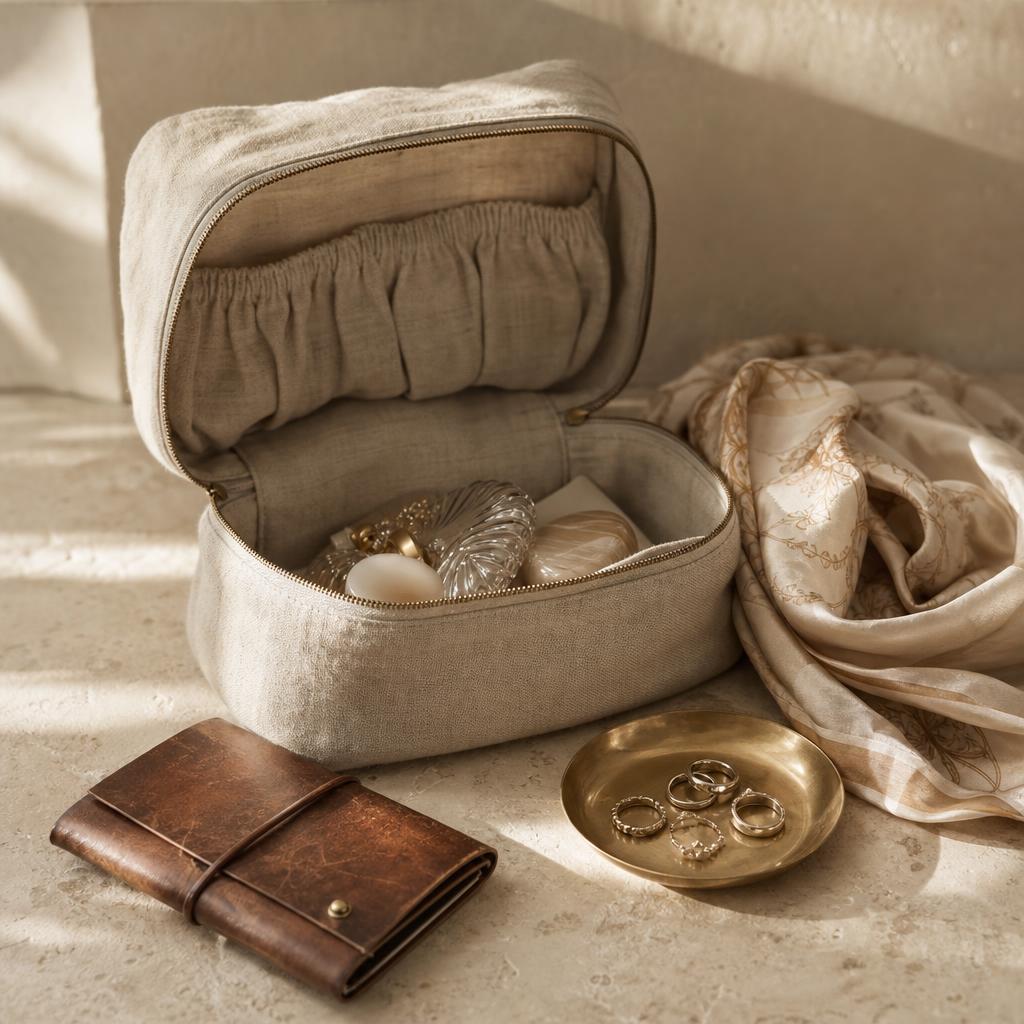 Linen travel pouch, passport and glittering rings on a cream stone surface