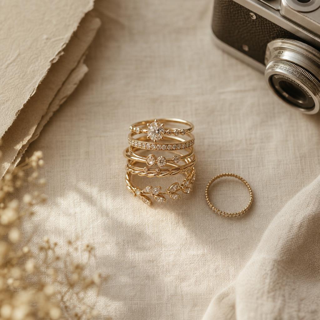 Cluster of sparkling stacked rings on warm cream linen in natural light