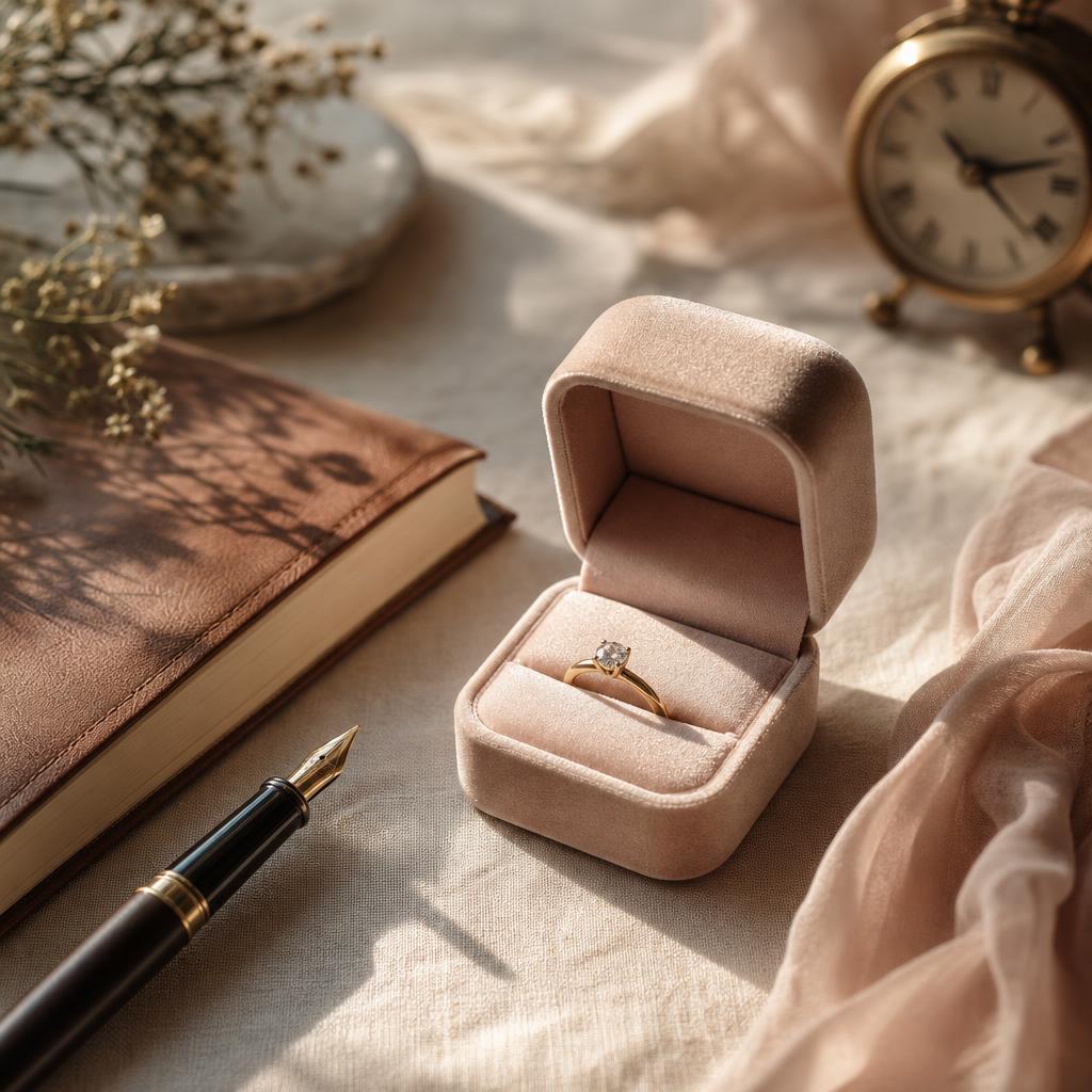 Open ring box beside a notebook and pen, warm editorial styling
