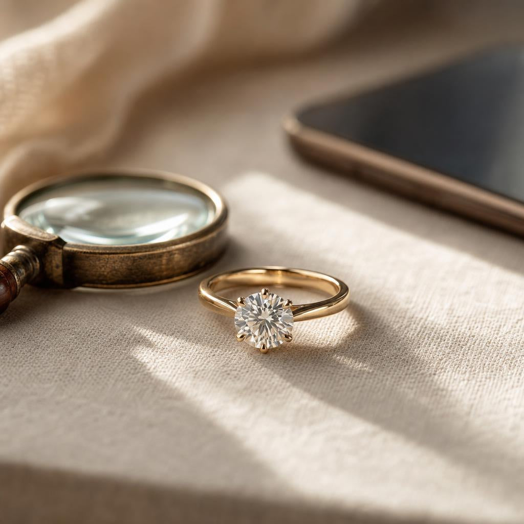 Faceted ring with magnifying glass and phone on linen surface