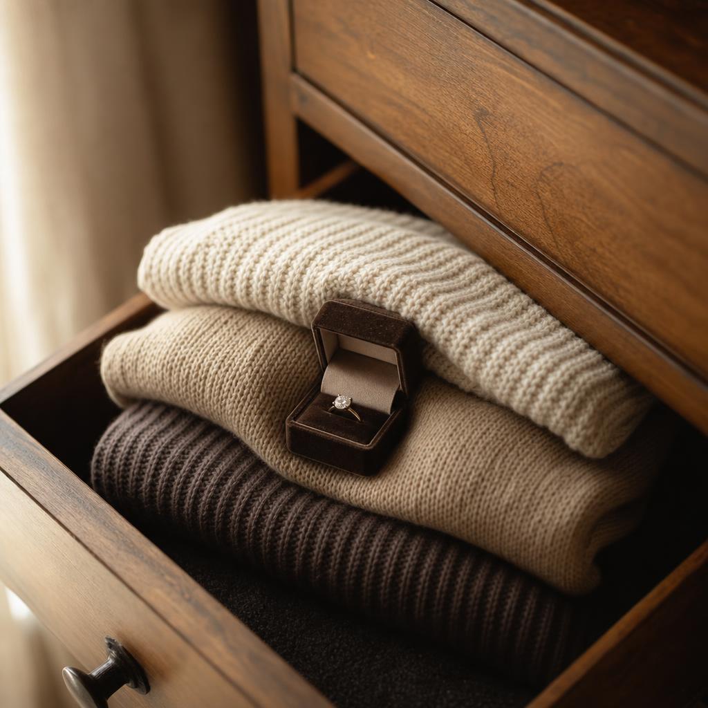 Engagement ring box hidden in a folded sweater in a dresser drawer
