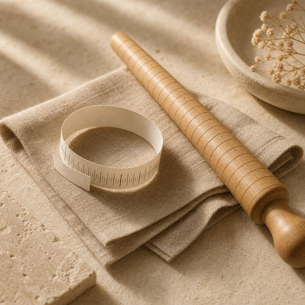 Paper ring sizer curled beside a wooden ring mandrel on cream linen