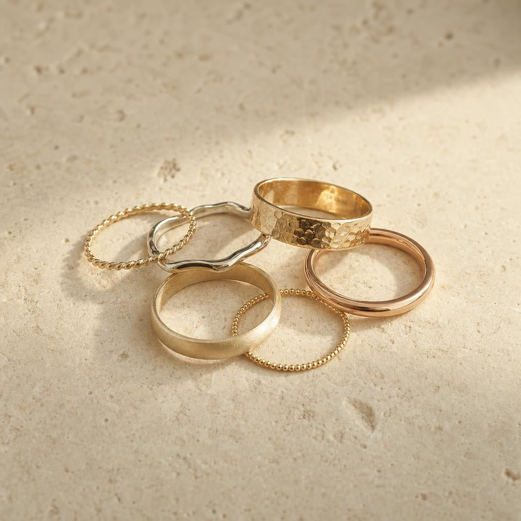 Cluster of delicate stacking rings arranged on warm cream stone surface