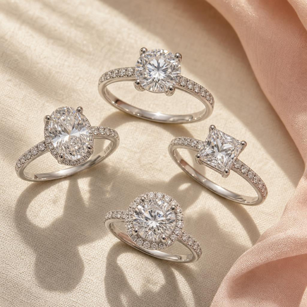 Four simulated diamond rings on warm cream linen surface in natural editorial light