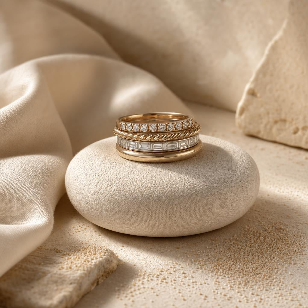 Delicate rings resting together on a soft cream cushion