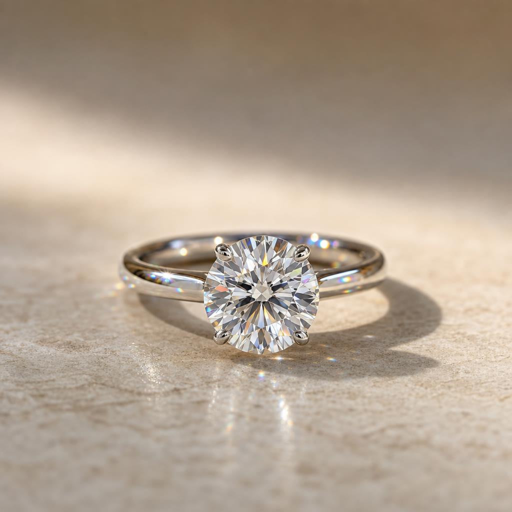 Close-up of a faceted gemstone ring catching warm natural light