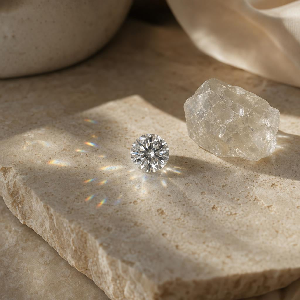 Clear round gemstone on cream stone beside a raw crystal in soft light