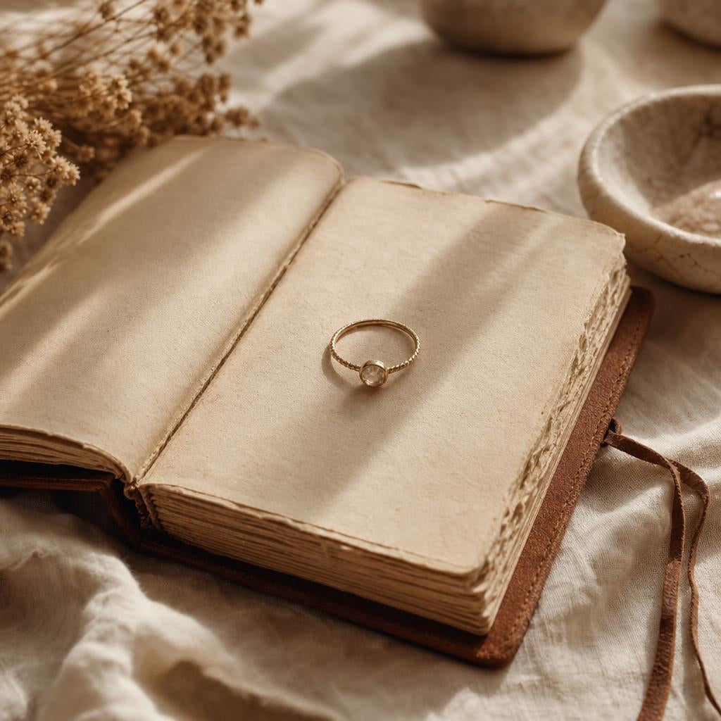 Delicate ring resting on an open journal in warm light