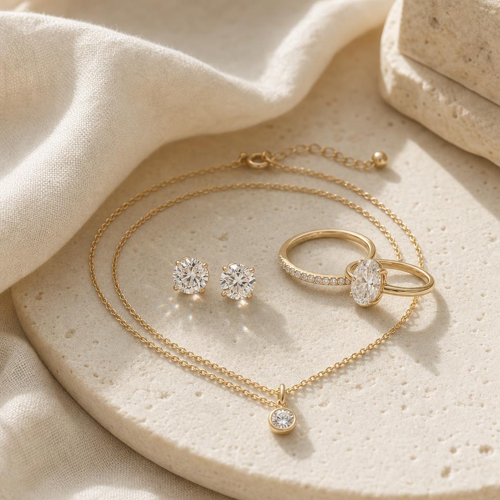 Stud earrings, pendant necklace and rings arranged on cream linen in soft light