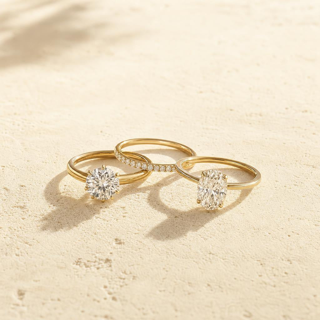 Two simulated diamond rings resting on warm linen in soft summer light