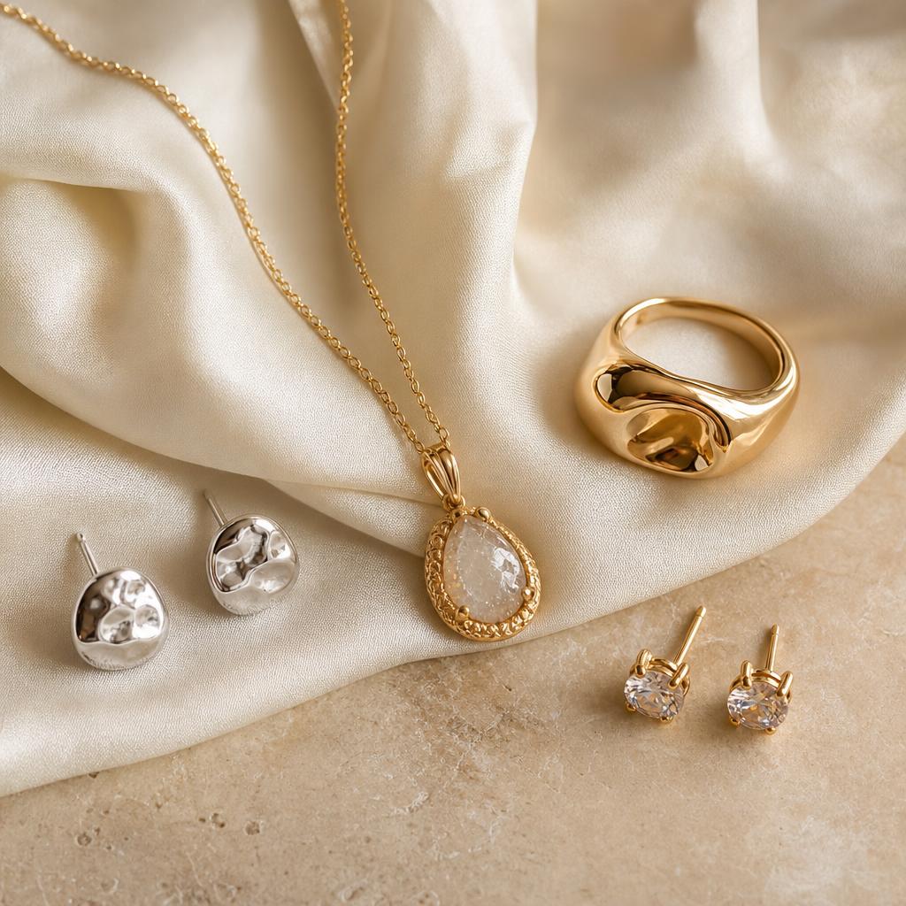 Assorted mismatched jewelry pieces in contrasting metal tones on silk