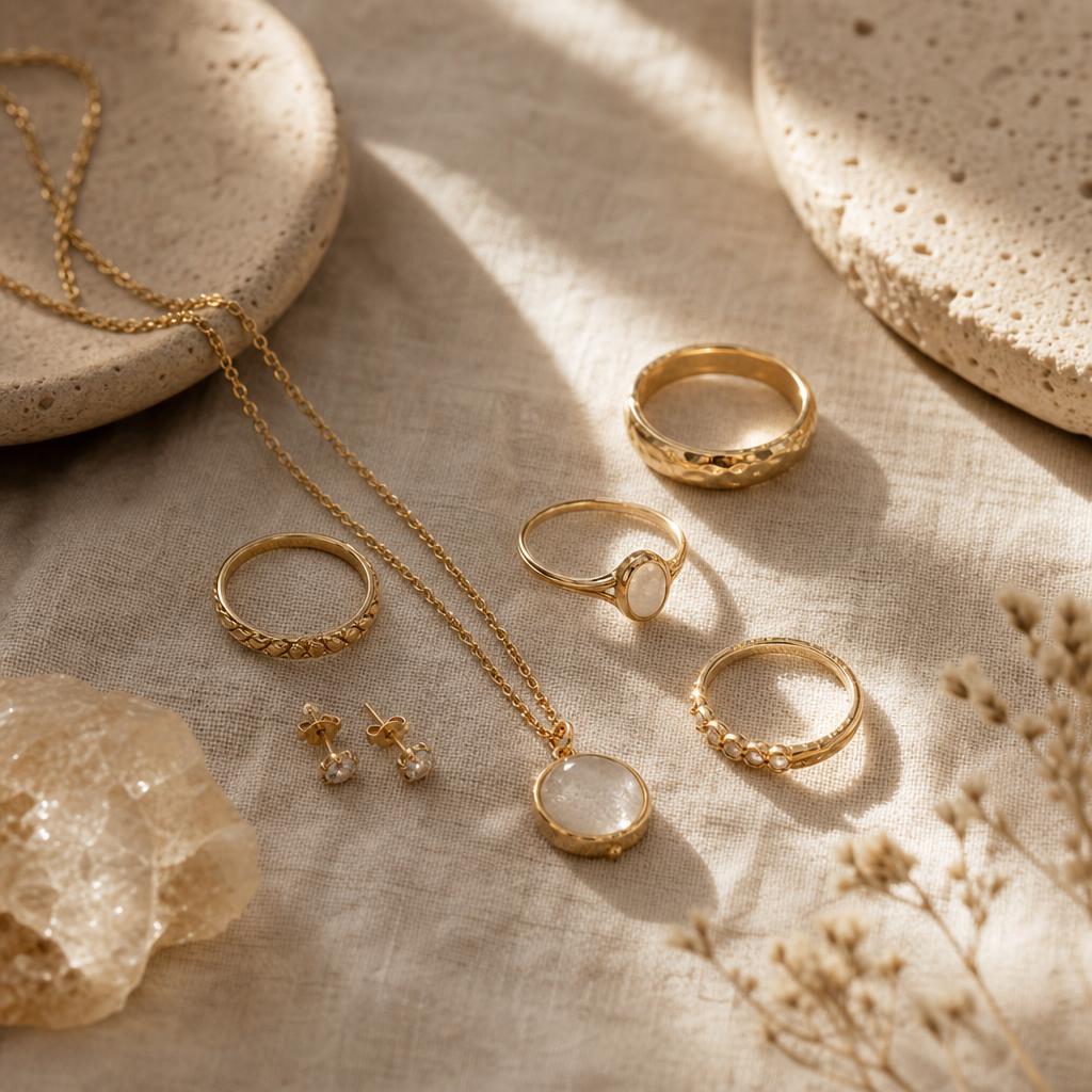 Assorted rings, a pendant necklace, and stud earrings arranged on cream linen