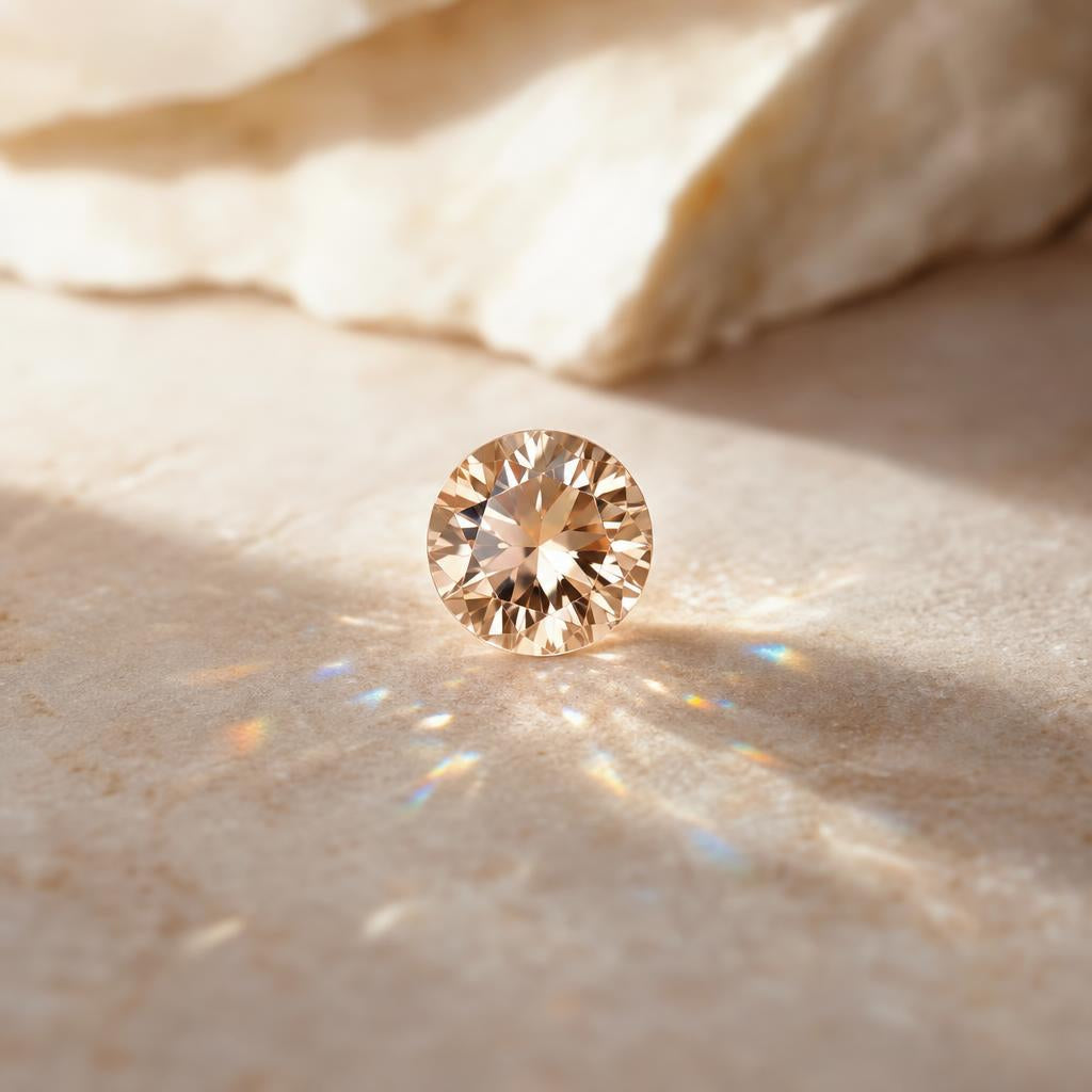Faceted gemstone catching rainbow light flashes on a warm cream background