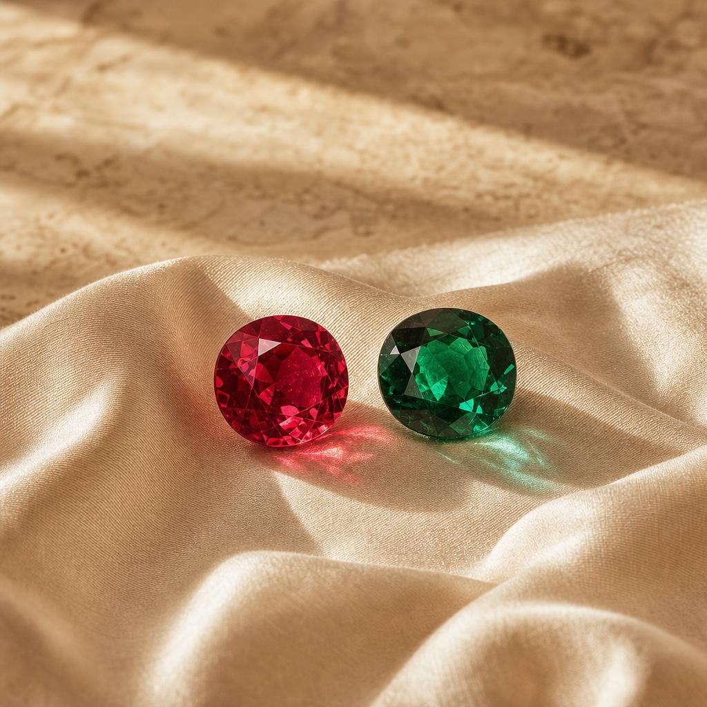 Faceted ruby and emerald gemstones resting on cream silk fabric