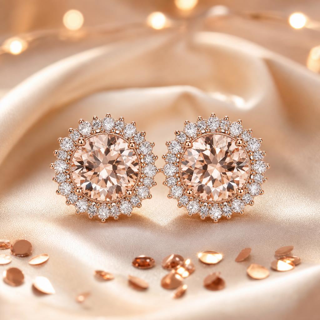 Sparkling halo statement stud earrings on cream silk with soft party lights