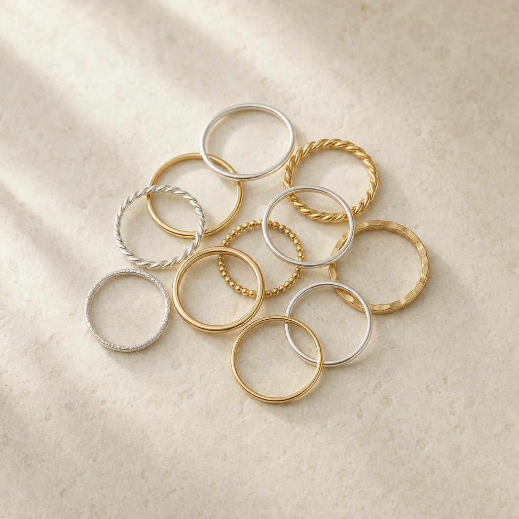 Gold and silver rings layered together on a warm neutral surface