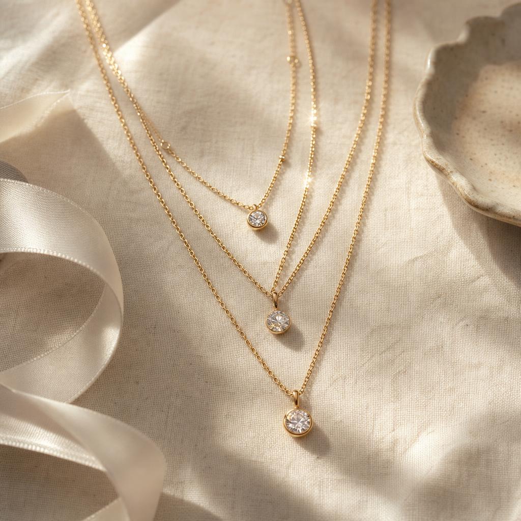 Delicate layered necklace chains arranged on warm cream linen fabric