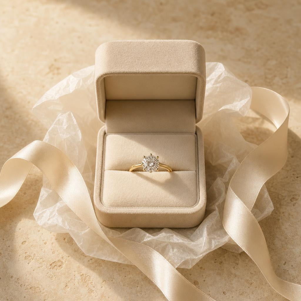 A ring resting in an open velvet-lined jewelry box, ready to ship