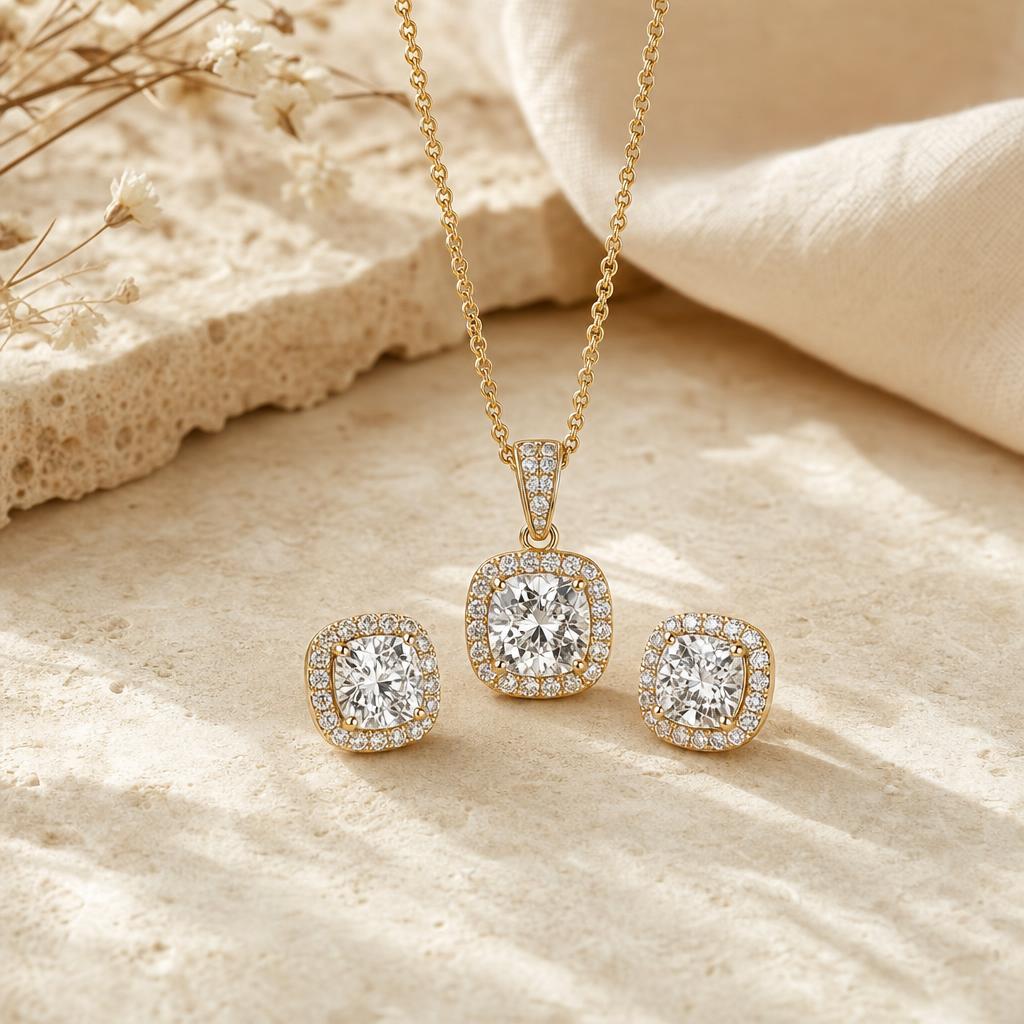 Pendant necklace and matching stud earrings on a cream stone surface
