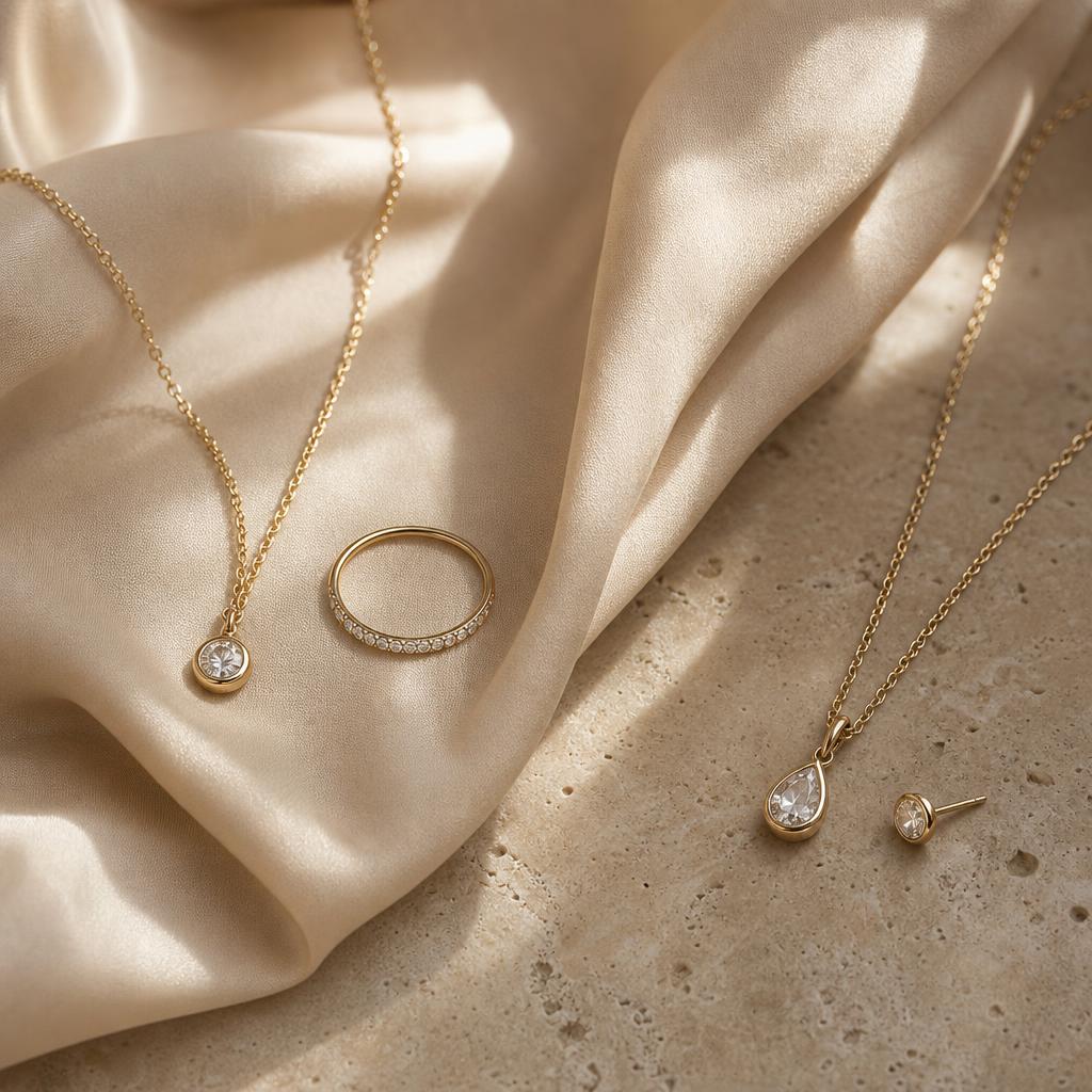 Two coordinated jewelry arrangements with different pendant necklaces, a ring, and an earring