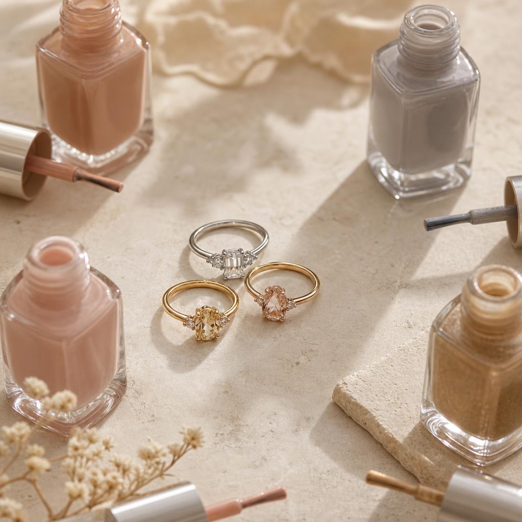 Silver, gold, and rose gold rings arranged near nail polish bottles