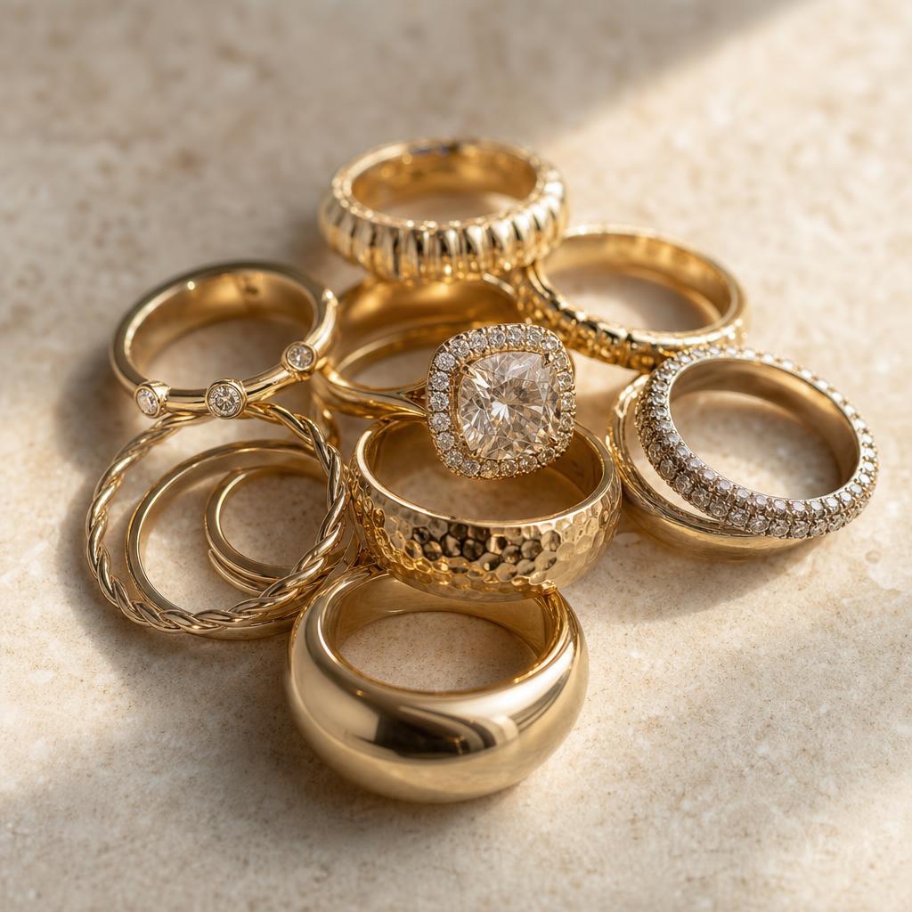 Overhead flat lay of layered gold and silver statement rings on stone