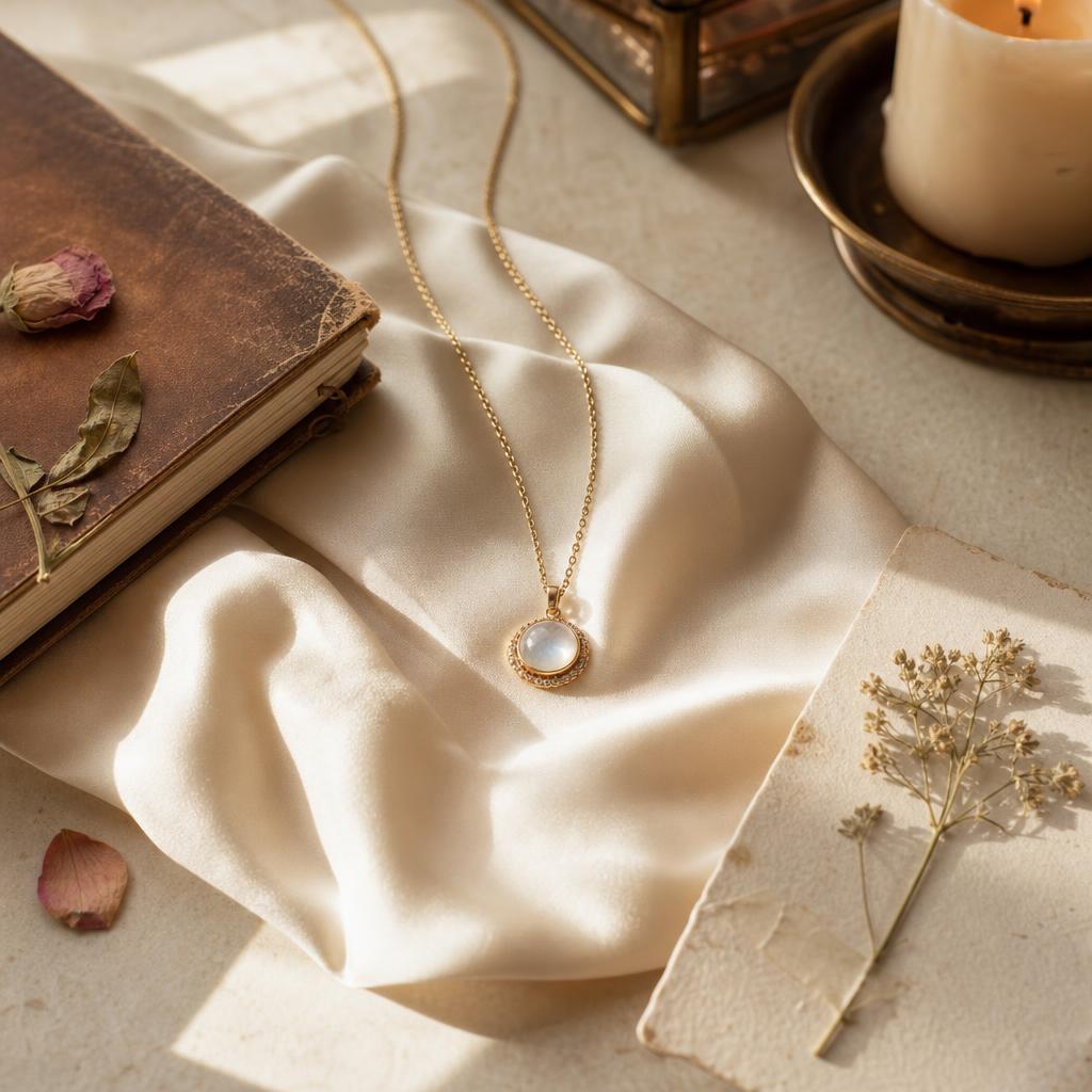 Delicate pendant necklace resting on cream silk with soft keepsakes nearby