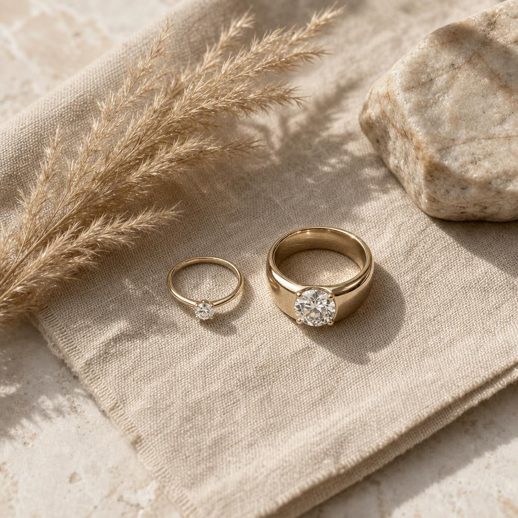 Two rings of contrasting sizes resting side by side on linen