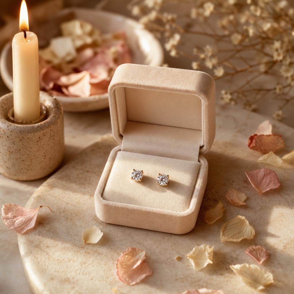 Small velvet jewelry box with stud earrings, candle, and dried petals