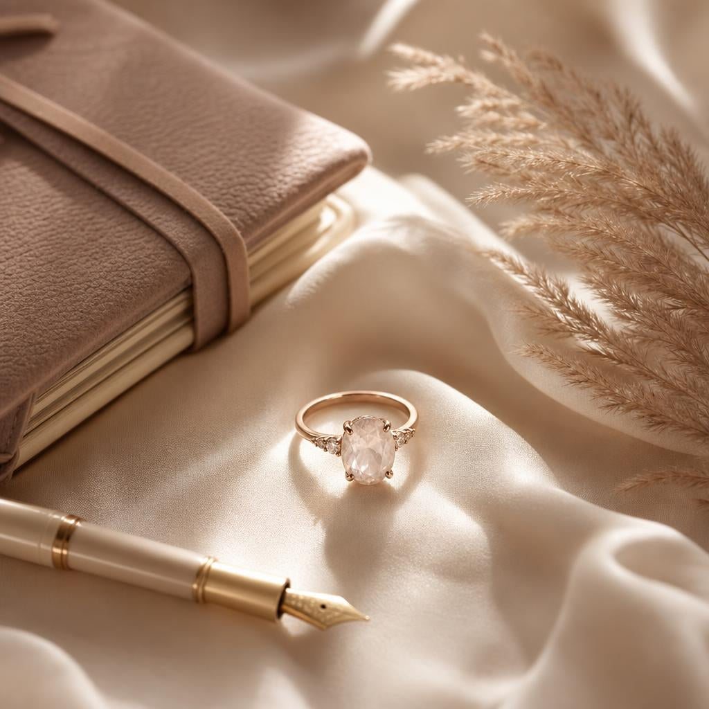 Simulated diamond ring on cream silk with a journal and pen nearby