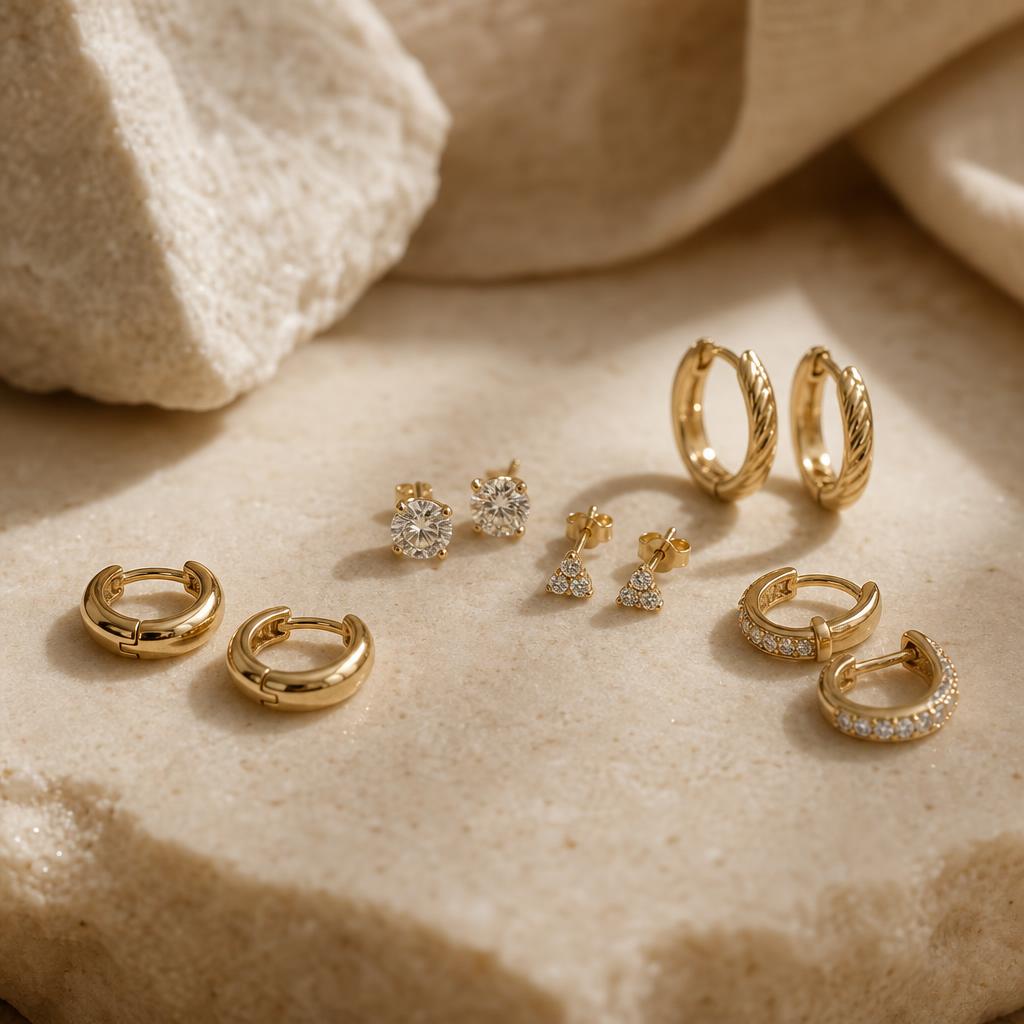 Small cluster of minimalist stud and huggie hoop earrings on warm stone