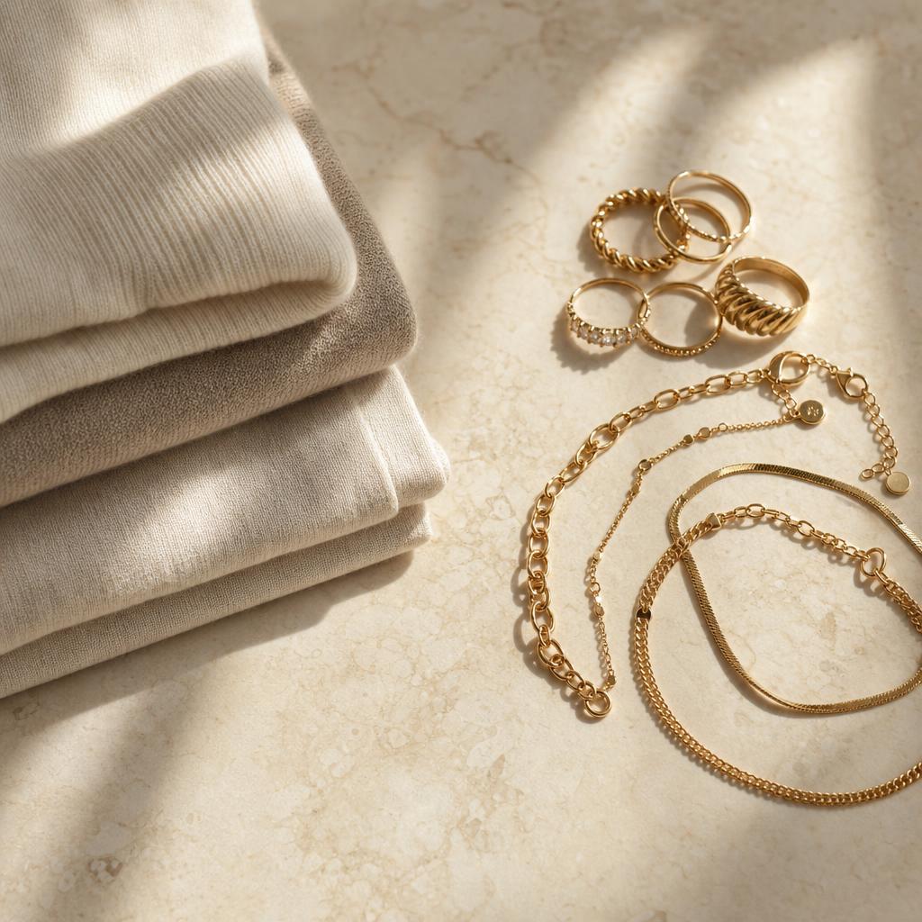 Folded neutral linens beside layered gold rings and bracelets on marble