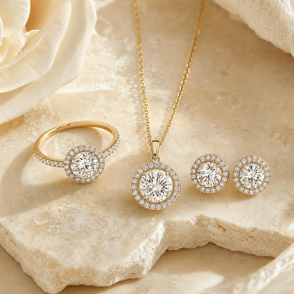 Matching halo ring, necklace, and earrings arranged together on cream background