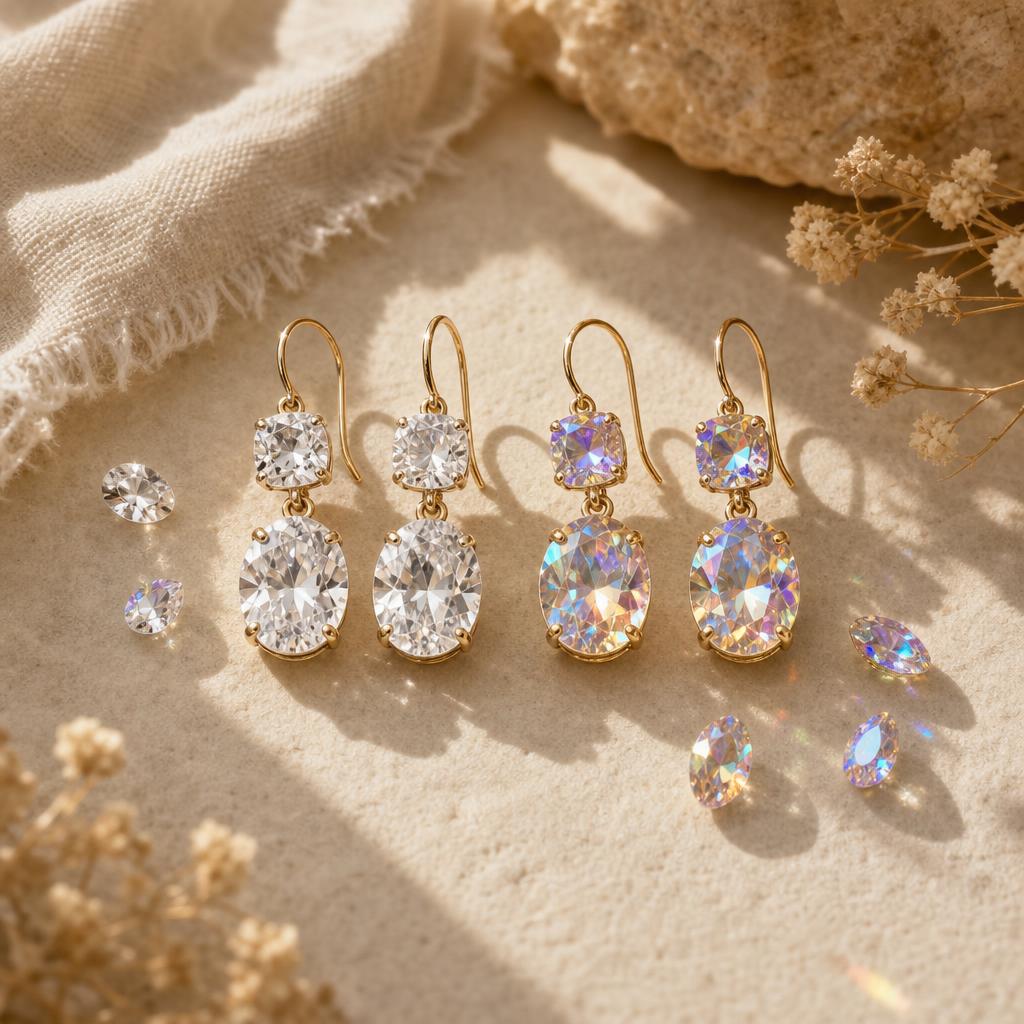 Two pairs of loose faceted gemstone earrings on warm cream linen