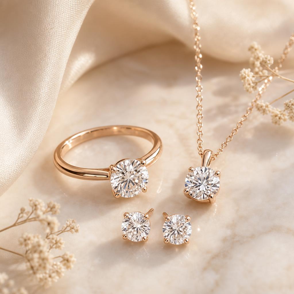 Coordinated moissanite ring, necklace, and earrings arranged on cream silk