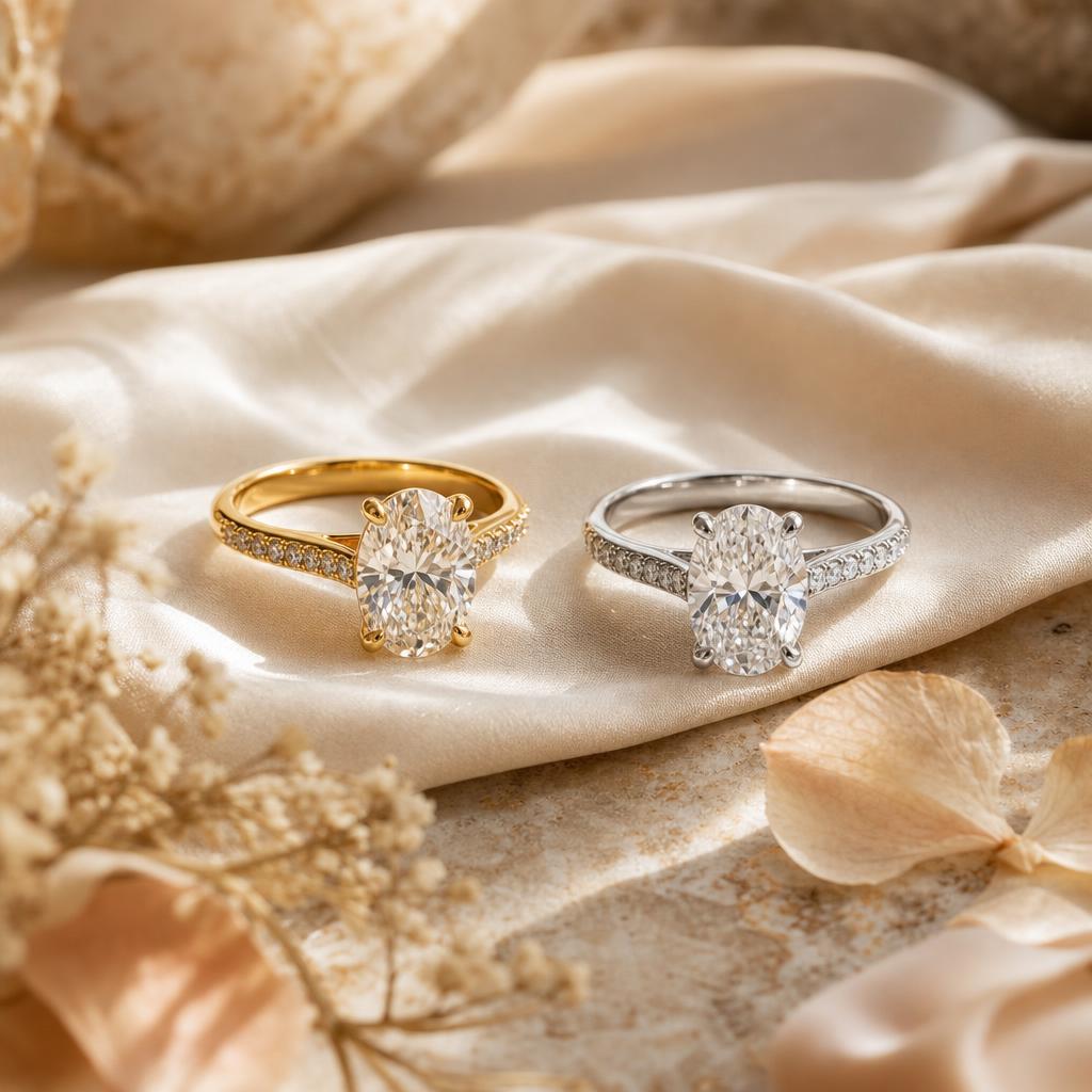 Two moissanite rings side by side, one gold-toned and one silver-toned