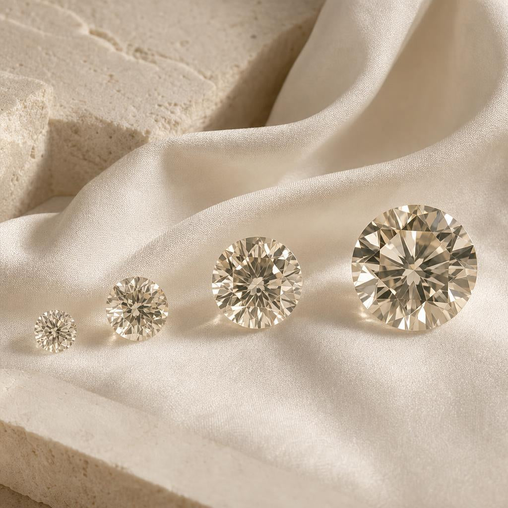Faceted gemstones of increasing size arranged on ivory silk