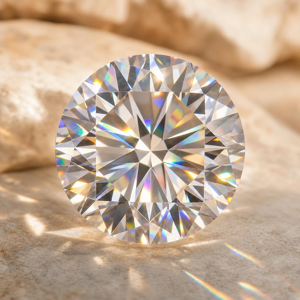 Faceted gemstone catching warm light with prismatic sparkle flashes