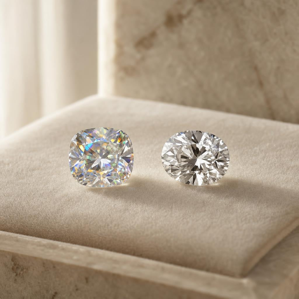 Two faceted gemstones side by side on cream velvet fabric
