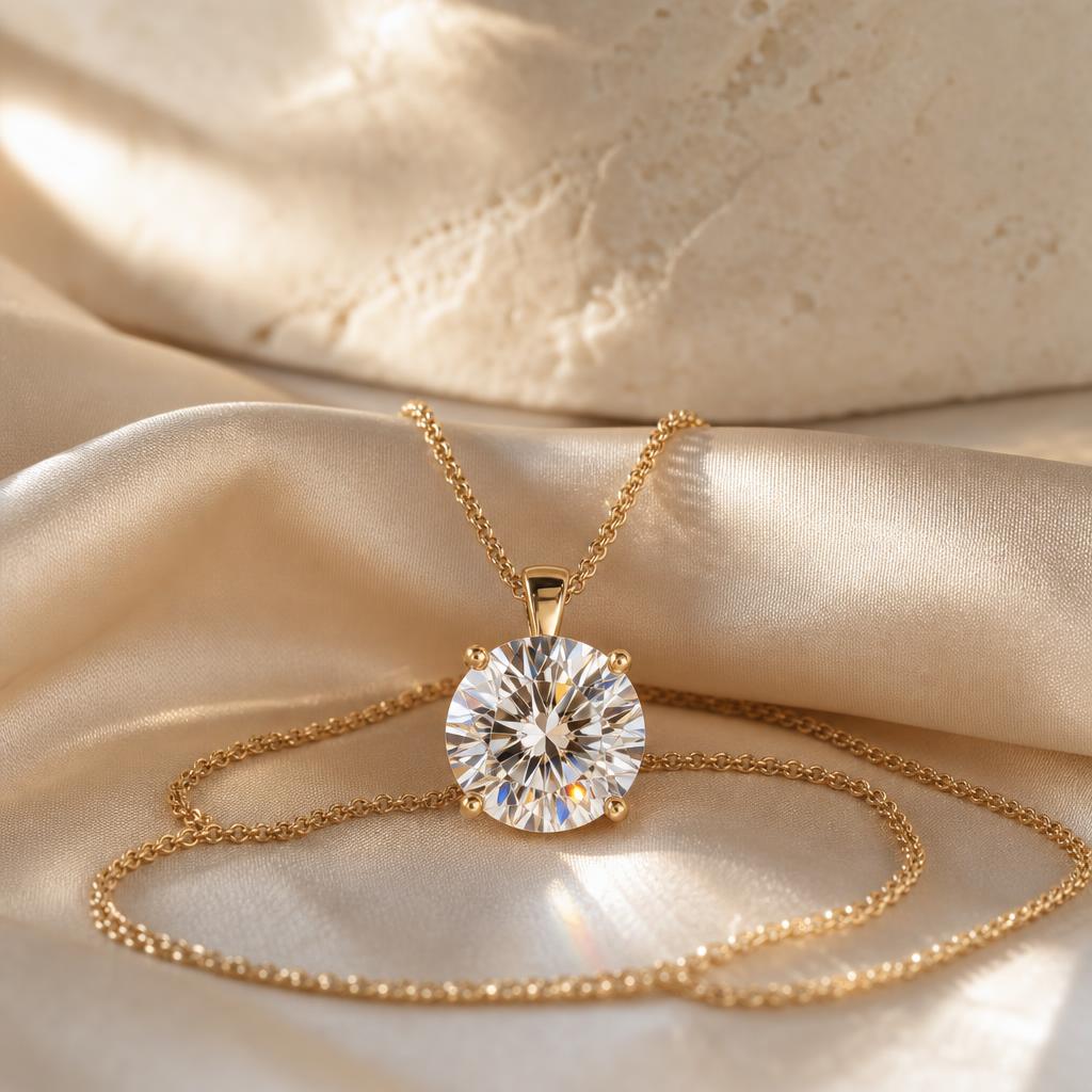 Single sparkling pendant necklace centered on warm cream silk background