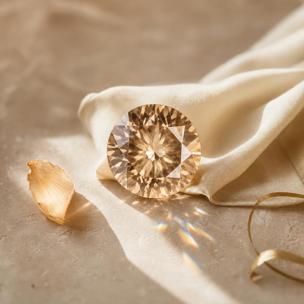 Faceted round gemstone resting on warm cream silk fabric