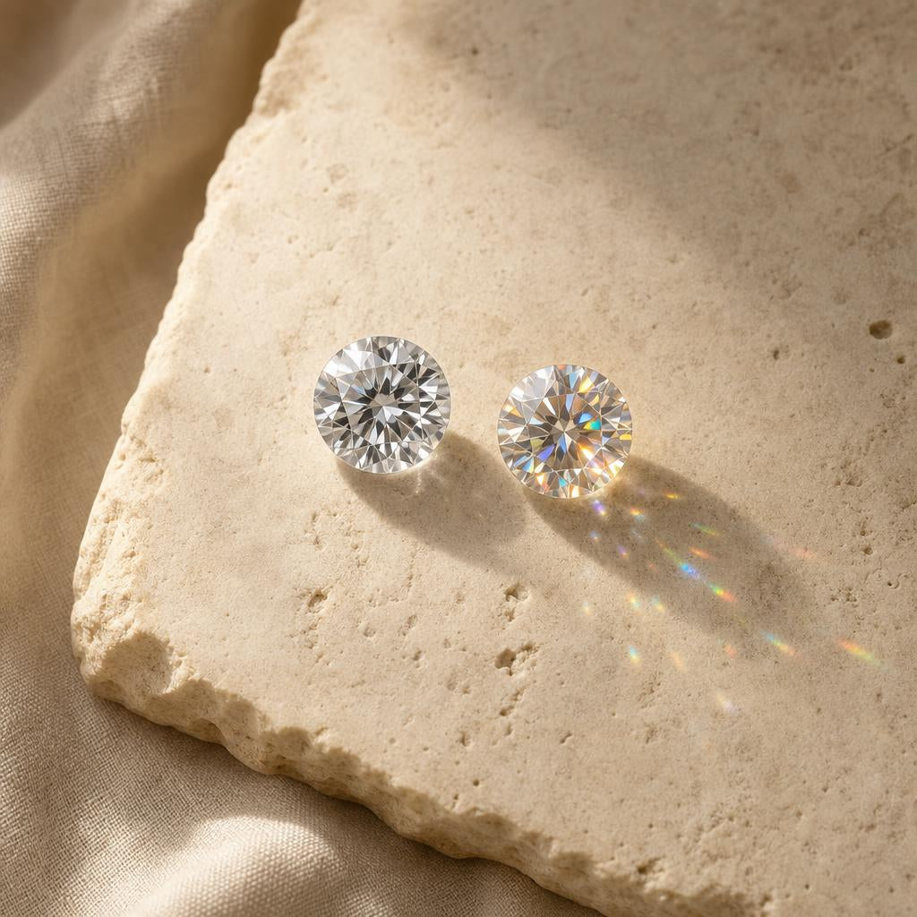 Two brilliant-cut gemstones resting side by side on a warm stone surface
